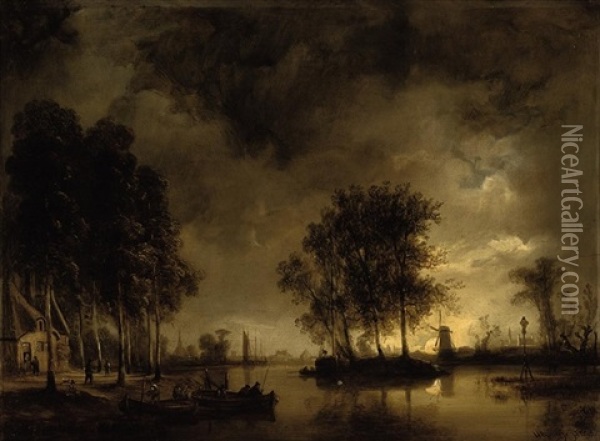 A Dutch Riverside Hamlet Under Moonlight Oil Painting - Wilhelm August Leopold Christian Krause
