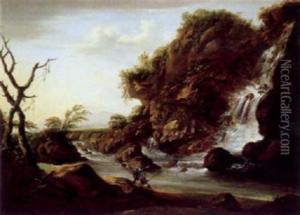 Gebirgslandschaft Mit Wasserfall Und Anglers Oil Painting - Franz Edmund Weirotter
