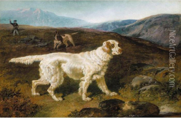 A Gentleman Out Shooting With A Setter And A Pointer Oil Painting - John Frederick Herring Snr