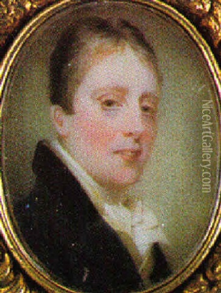 A Gentleman Wearing Blue Coat With Black Collar, Yellow Waistcoat And White Cravat Oil Painting - Andrew Robertson