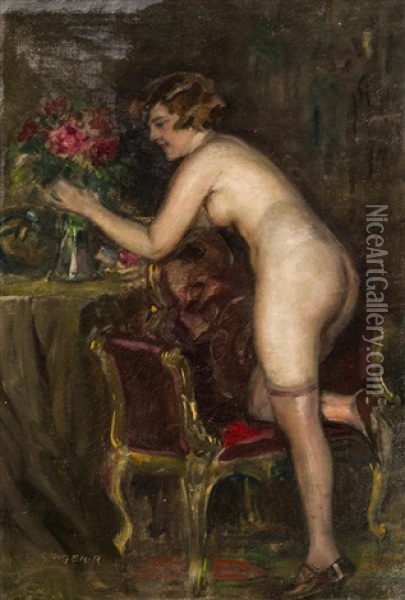 Nude Girl With Flowers Oil Painting - Richard Geiger