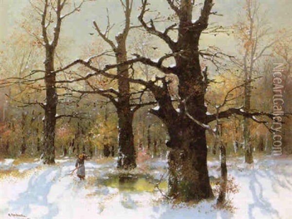 Reisigsammlerin Im Winterwald Oil Painting - Adolf Kaufmann