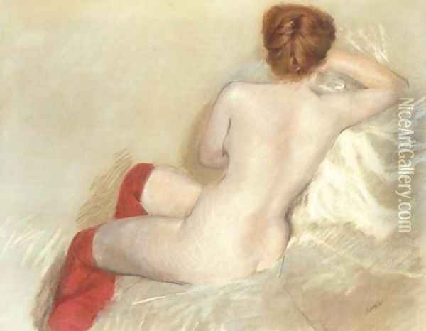 Nude with red Stockings Oil Painting - Giuseppe de Nittis