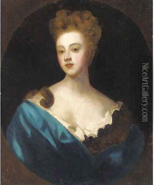 Portrait of a lady, bust-length, in a blue dress Oil Painting - Sir Peter Lely
