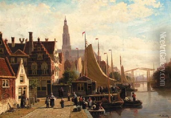 A View Of A Town In Summer With Townsfolk On A Quay By The Sneek-lemmer Ferry Post Oil Painting - Johannes Frederik Hulk the Elder