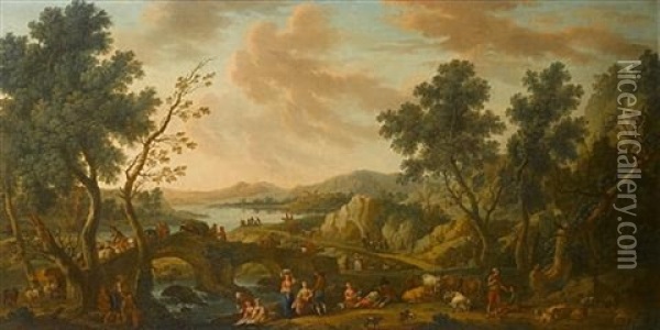 An Extensive River Landscape With Figures Resting On The Banks In The Foreground And Travellers Crossing A Bridge Beyond Oil Painting - Vittorio Amadeo Cignaroli