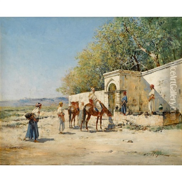 Travelers And Horses At Rest Oil Painting - Victor Pierre Huguet