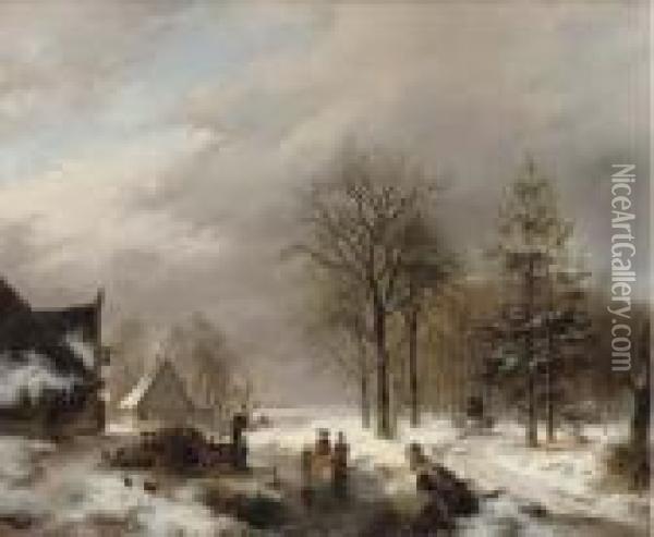 Villagers On The Ice By Farmhouses, A Diligence Approaching Oil Painting - Andreas Schelfhout