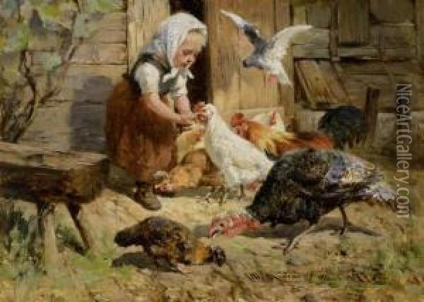 Girl With Hens Oil Painting - Antonio (Antonis Matteo) Montemezzo