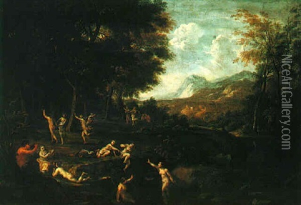 Nymphs In A Landscape Bathing, Dancing And Playing Music With A Satyr Oil Painting - Filippo Lauri