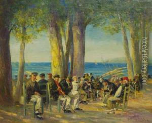 Reunion Cotidiana De Viejos Marineros En El Paseo De San Feliu De Guixols Oil Painting - Baldomero Galofre Y Gimenez