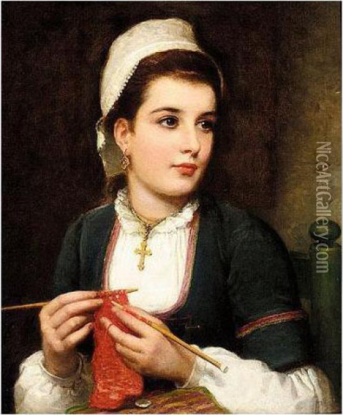 Portrait Of A Lady Knitting Oil Painting - Charles Sillem Lidderdale