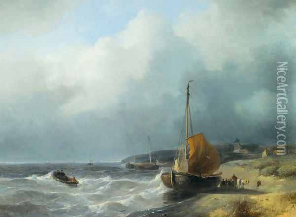 Fisherfolk by a Beached Bomschuit Oil Painting - Andreas Schelfhout