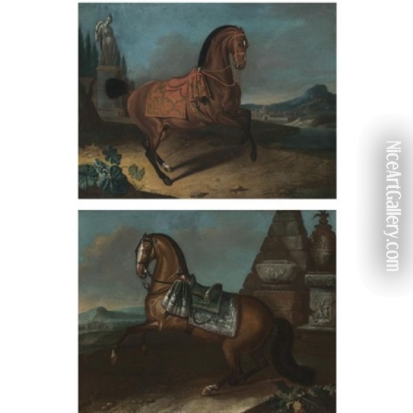 Portraits Of Saddled Bay Stallions In A Landscape (pair) Oil Painting - Philipp Ferdinand de Hamilton