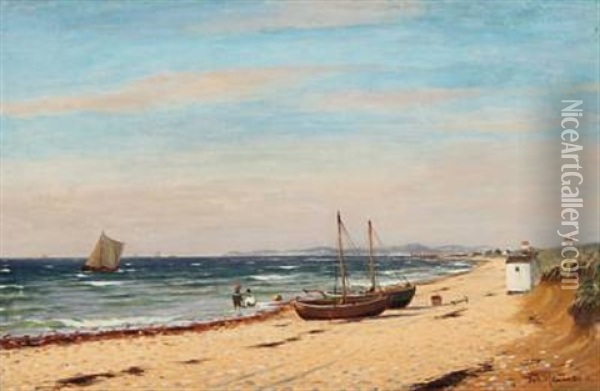 Seashore With Several Sailing Ships In The Front Playing Children And Boats On The Shore Oil Painting - Johan Jens Neumann