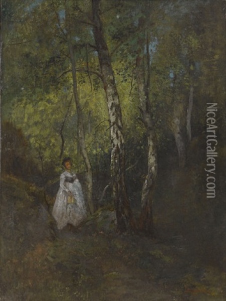 Waldweg Mit Dame Im Weissen Kleid Oil Painting - Octave Alfred Saunier