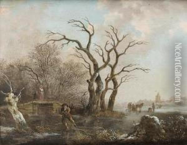 A Winter Landscape With A Man 
Walking His Dogbeside A Frozen River With Skaters And A Windmill Beyond Oil Painting - Hendrick Willelm Schweickhardt