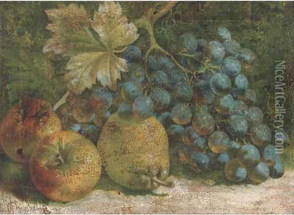 Apples, a pear and a bunch of grapes on a mossy bank Oil Painting - William Hughes