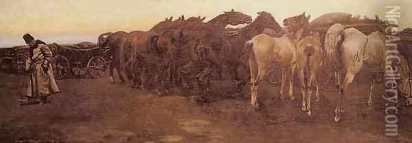 Horses Resting Oil Painting - Jozef Chelmonski