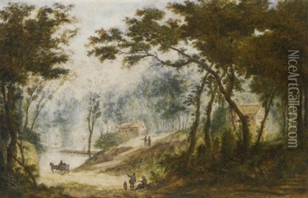 A Woodland Path With A Carriage Driving Towards A River Oil Painting - Abraham Rademaker