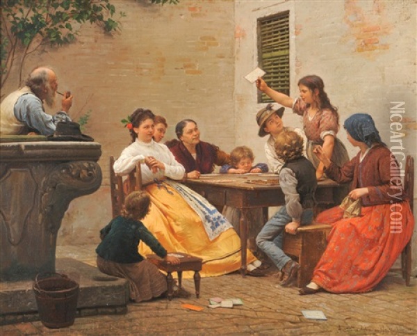 An Italian Courtyard With Numerous Figures Playing A Game Of Loto Oil Painting - Antonio Ermolao Paoletti