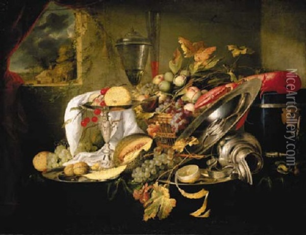 A Silver Tazza, A Basket And Silver Platters With Fruit, An Overturned Silver Flagon And Other Objects On A Draped Table Before A Window Oil Painting - Jan Jansz de Heem the Younger