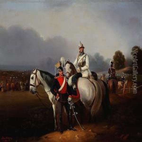 Prussian Soldiers On Horseback - An Ulan And A Cuirassier Oil Painting - Otto Meyer