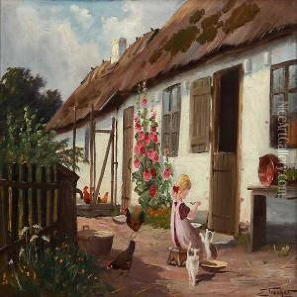 A Girl Gives The Cats Milk In Front Of A Thatched Farmerhouse Oil Painting - Edmund Fischer
