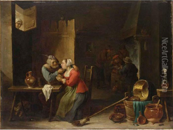 An Interior Of An Inn With An 
Amorous Couple At A Table, And Figures Smoking Near A Fireplace In The 
Background, A Woman Watching From A Window Above Oil Painting - David The Younger Teniers