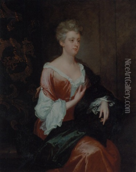 Portrait Of Ann Roydhouse In A Red Dress And Green Wrap, Beside A Curtain In An Interior Oil Painting - Sir John Baptist de Medina