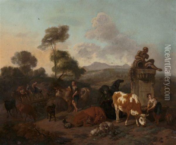 Dutch Italianate Landscape With Shepherds And Shepherdesses Oil Painting - Dirk van Bergen