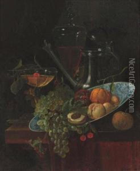 Fruit In A Kraak Dish With A Pewter Ewer And Two Glasses On Apartially Draped Table Oil Painting - Willem Kalf