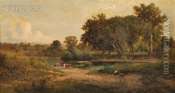 Shepherdess And Cattle At A River's Edge Oil Painting - John William Casilear