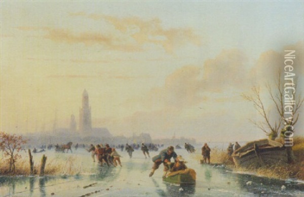 Skaters On A Frozen Pond Oil Painting - Nicolaas Johannes Roosenboom