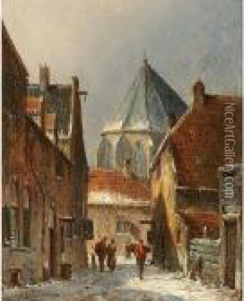 A Wintry Dutch Town Oil Painting - Adrianus Eversen