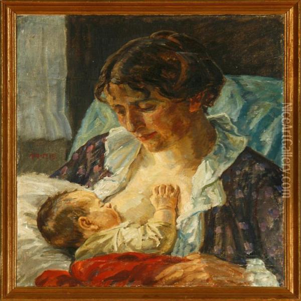 A Mother And Her Child Oil Painting - Johannes Martin Fastings Wilhjelm