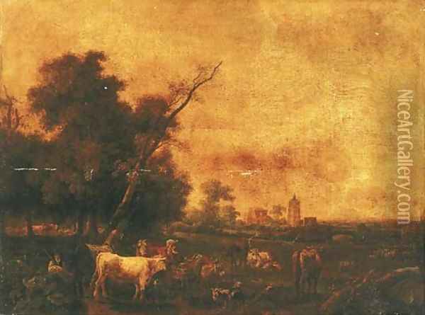 An Italianate landscape with peasants and their herds in a landscape, a town beyond Oil Painting - Pierre Alexandre Pau de Saint-Martin