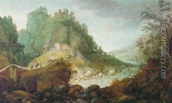 A Rugged Rocky Landscape With A Torrent And Travellers On A Path Oil Painting - Philips de Momper the Elder