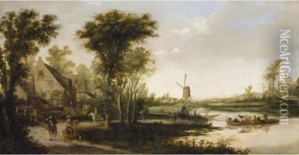 A River Landscape With Cattle 
And Drovers Being Ferried Across A River, A Windmill Beyond Oil Painting - Jan van Goyen