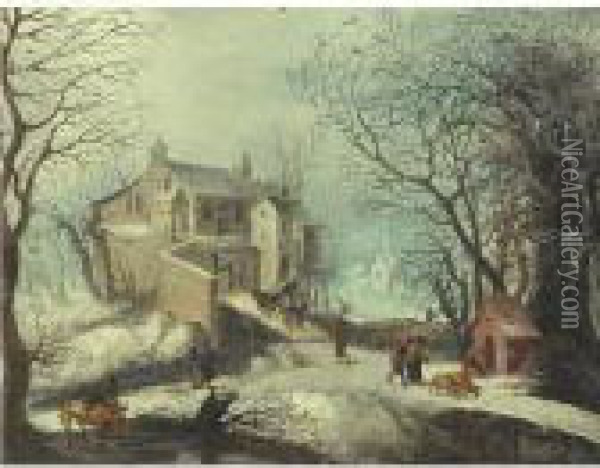 Winter Landscape With Figures, Animals And A Town On A River Oil Painting - Frans de Momper