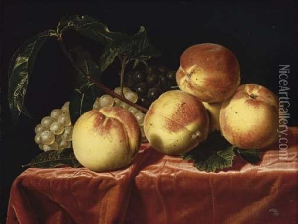 Peaches And Grapes On A Draped Table Oil Painting - Paul Liegeois
