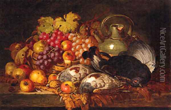 Grapes, Apples, Pears, Dead Game, A Wicker Basket And Stoneware Jug, On A Wooden Ledge Oil Painting - Charles Thomas Bale