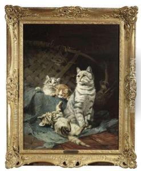 Three Kittenswith Her Mother At A Wicker Basket Oil Painting - Julius Adam