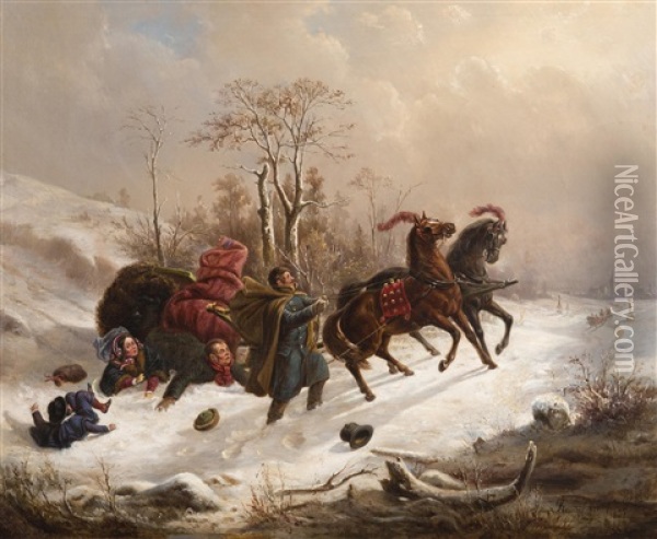 Mishap On A Sledge Oil Painting - Wenzel Kroupa