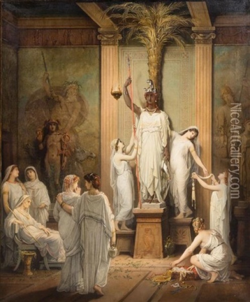 Temple Priestesses Oil Painting - Louis Hector Leroux