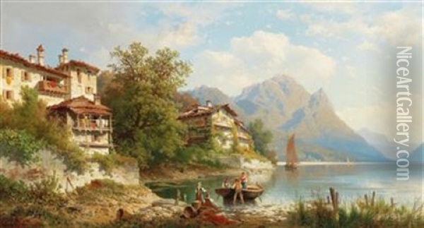 Motiv Aus Gandria Am Lago Di Lugano [scene In Gandria On The Shores Of Lake Lugano] Oil Painting - Carl Hasch