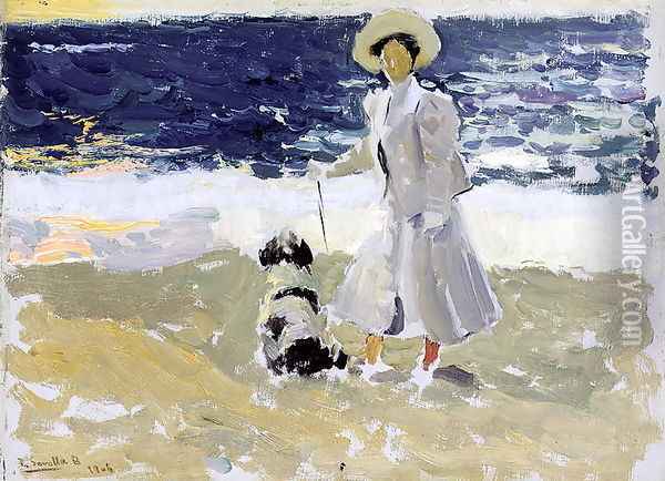 Lady and Dog on the Beach, 1906 Oil Painting - Joaquin Sorolla Y Bastida