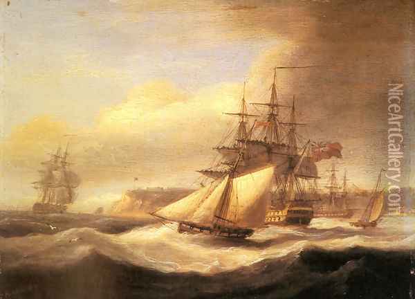 Naval ships setting sail with a revenue cutter off Berry Head, Torbay Oil Painting - Thomas Luny