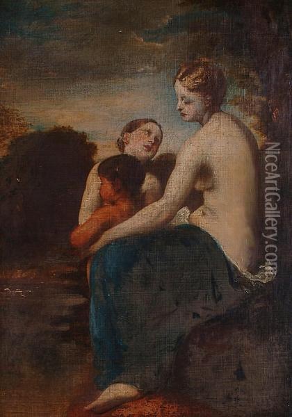 Mother And Children In A Landscape. Oil Painting - William Etty