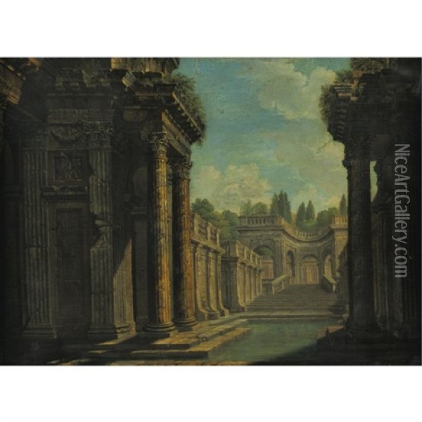 Architectural Capriccio With Roman Ruins Oil Painting - Giovanni Paolo Panini